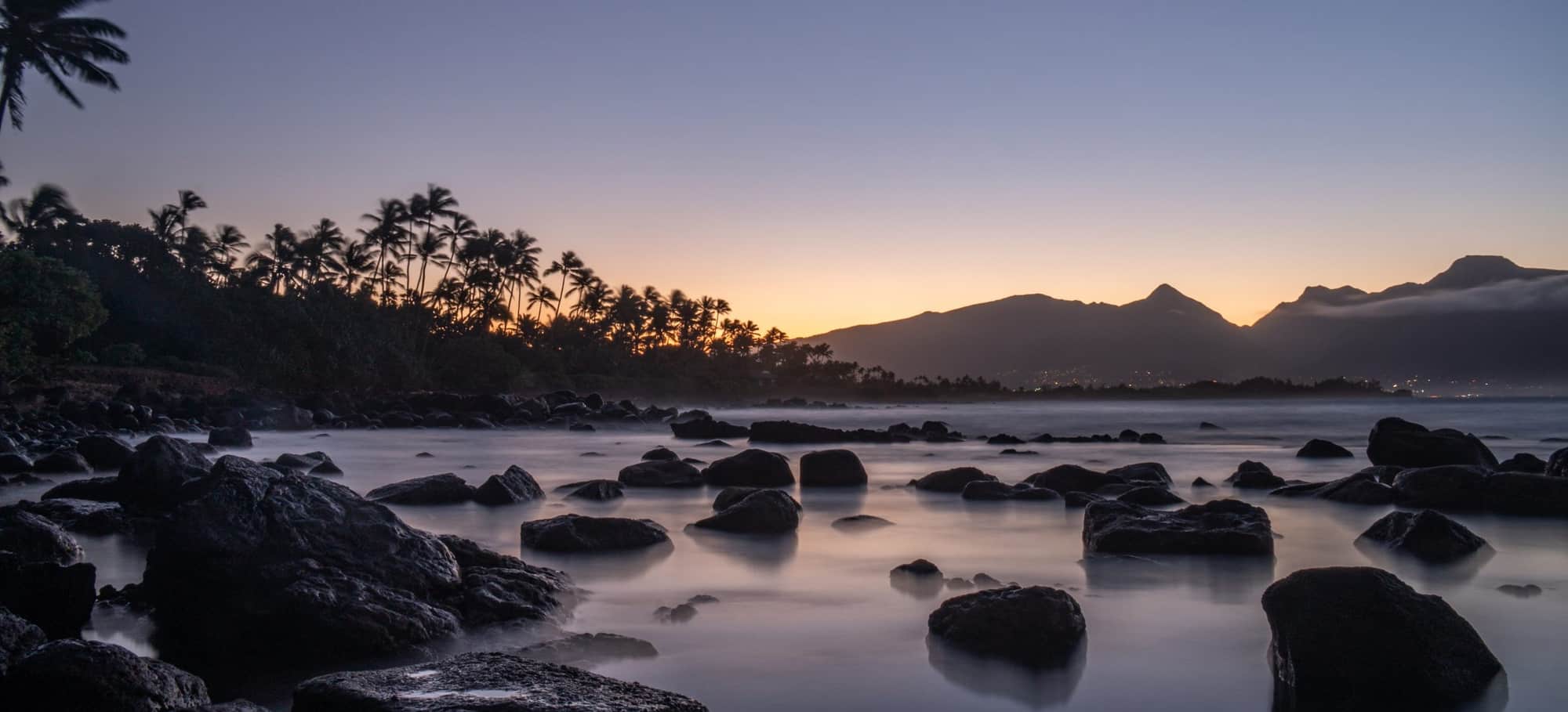 Palm trees and mountains at dusk above a rocky, misty Hawaii shoreline